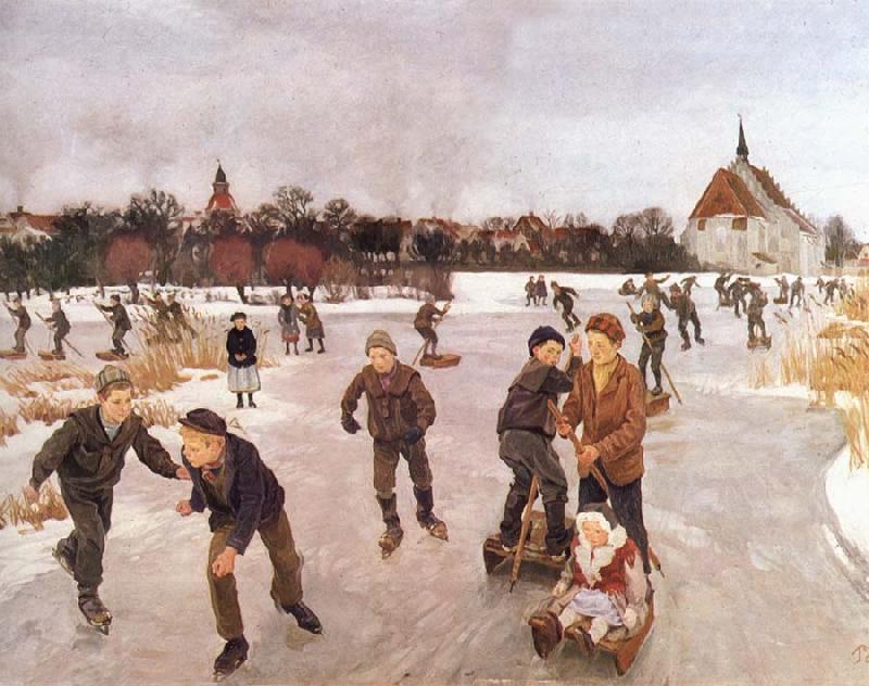 Ole Peter Hansen Balling Pa ice out the village. Faborg oil painting picture